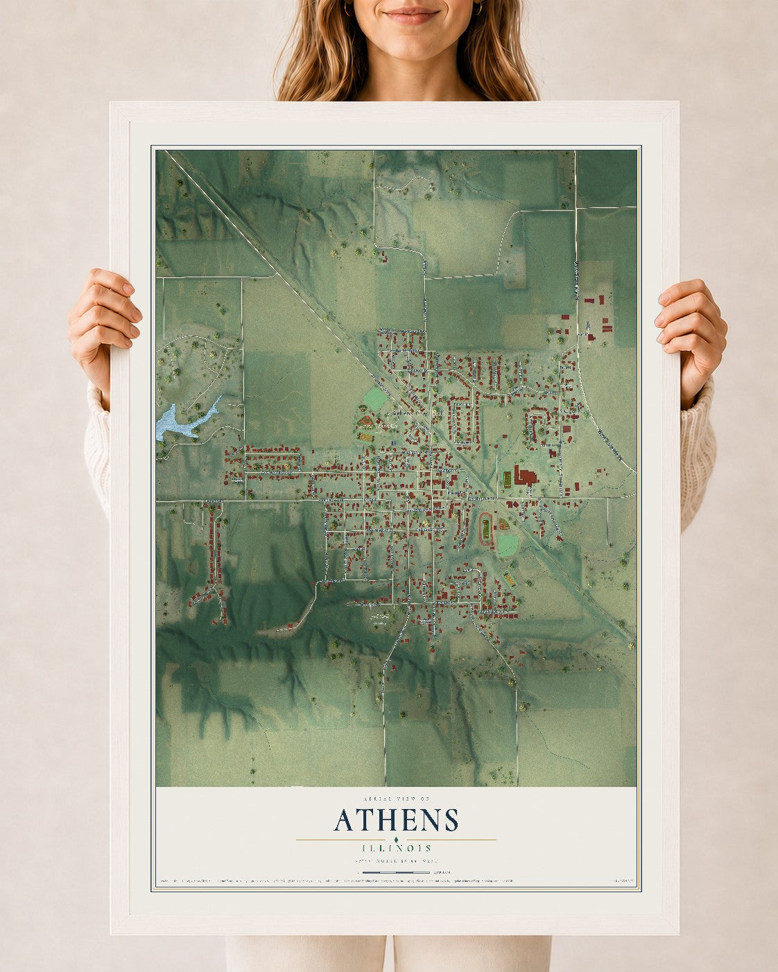 Map of Athens, Illinois, 24 x 36 inch print in a white wood frame