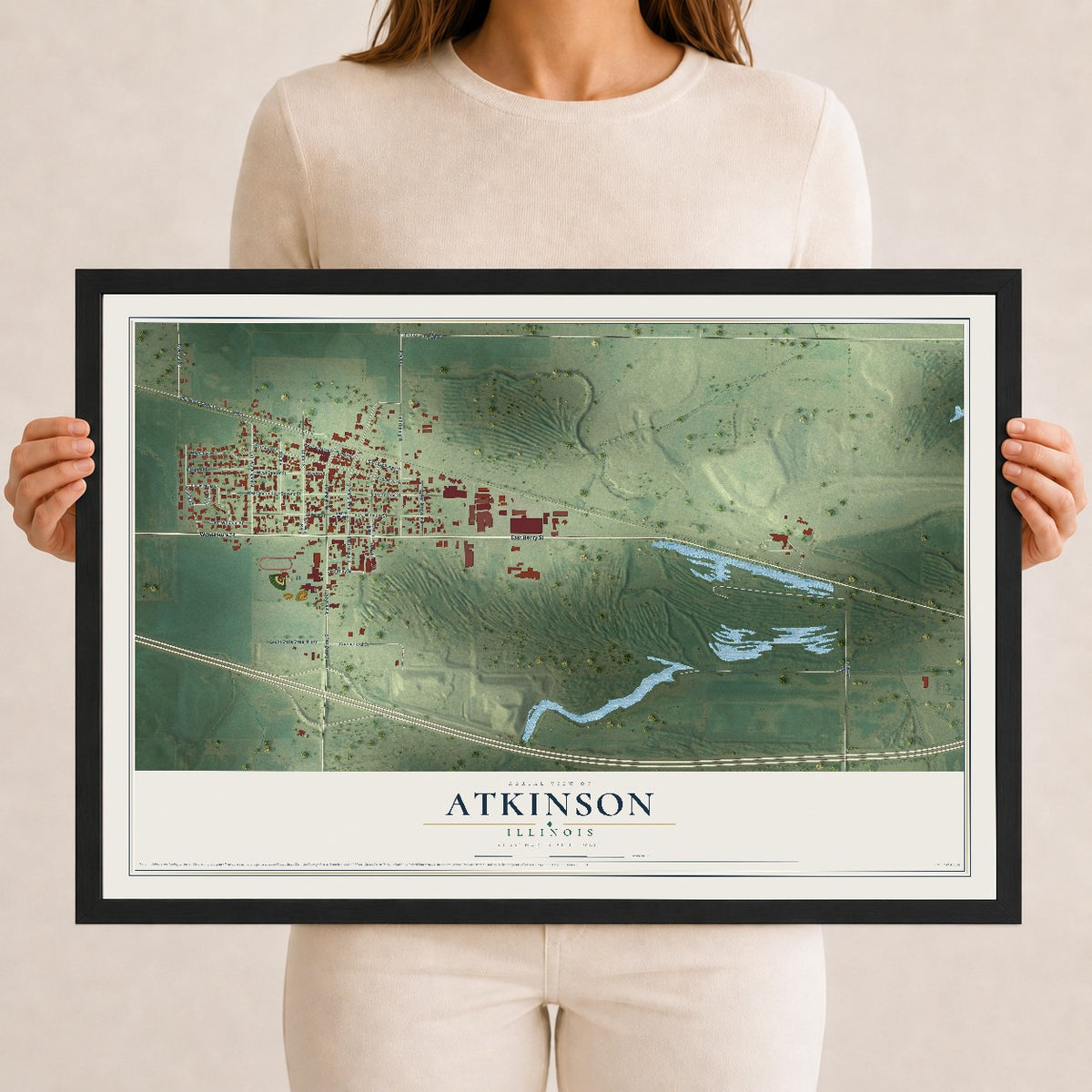 Map of Atkinson, Illinois, 12 x 18 inch print in a black wood frame