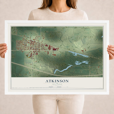 Map of Atkinson, Illinois, 18 x 24 inch print in a white wood frame
