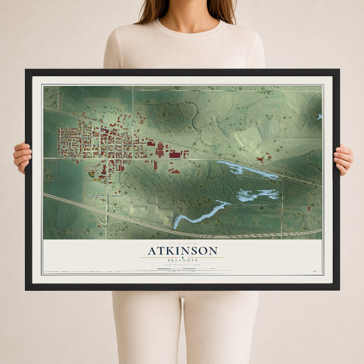 Map of Atkinson, Illinois, 24 x 36 inch print in a black wood frame