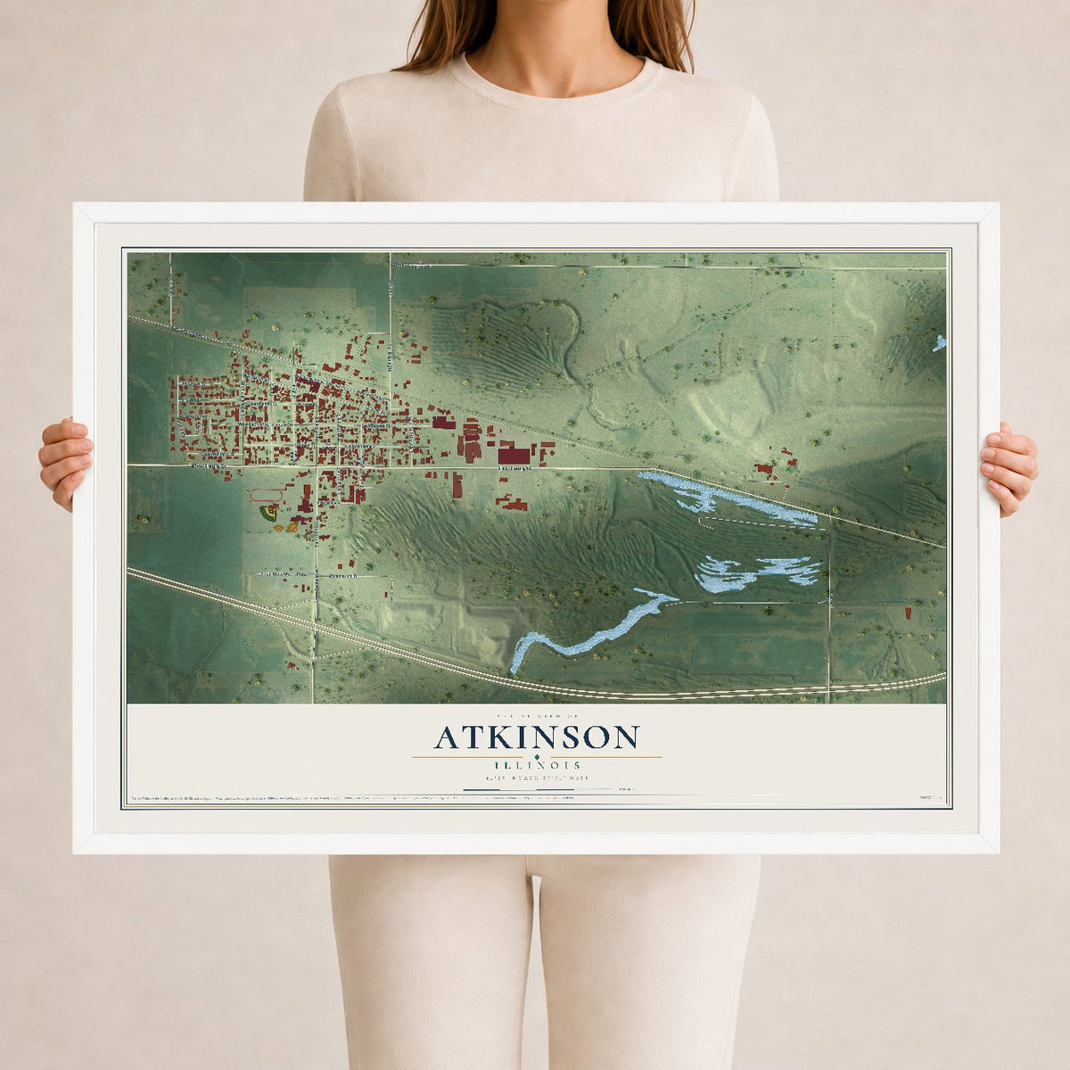 Map of Atkinson, Illinois, 24 x 36 inch print in a white wood frame