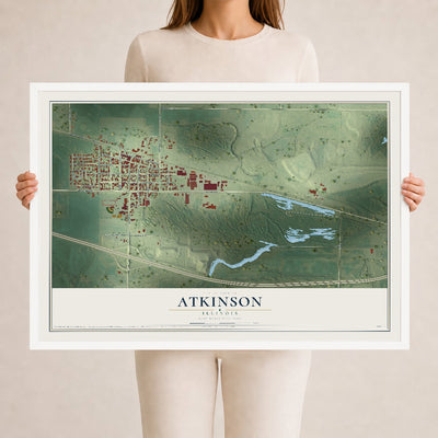 Map of Atkinson, Illinois, 24 x 36 inch print in a white wood frame
