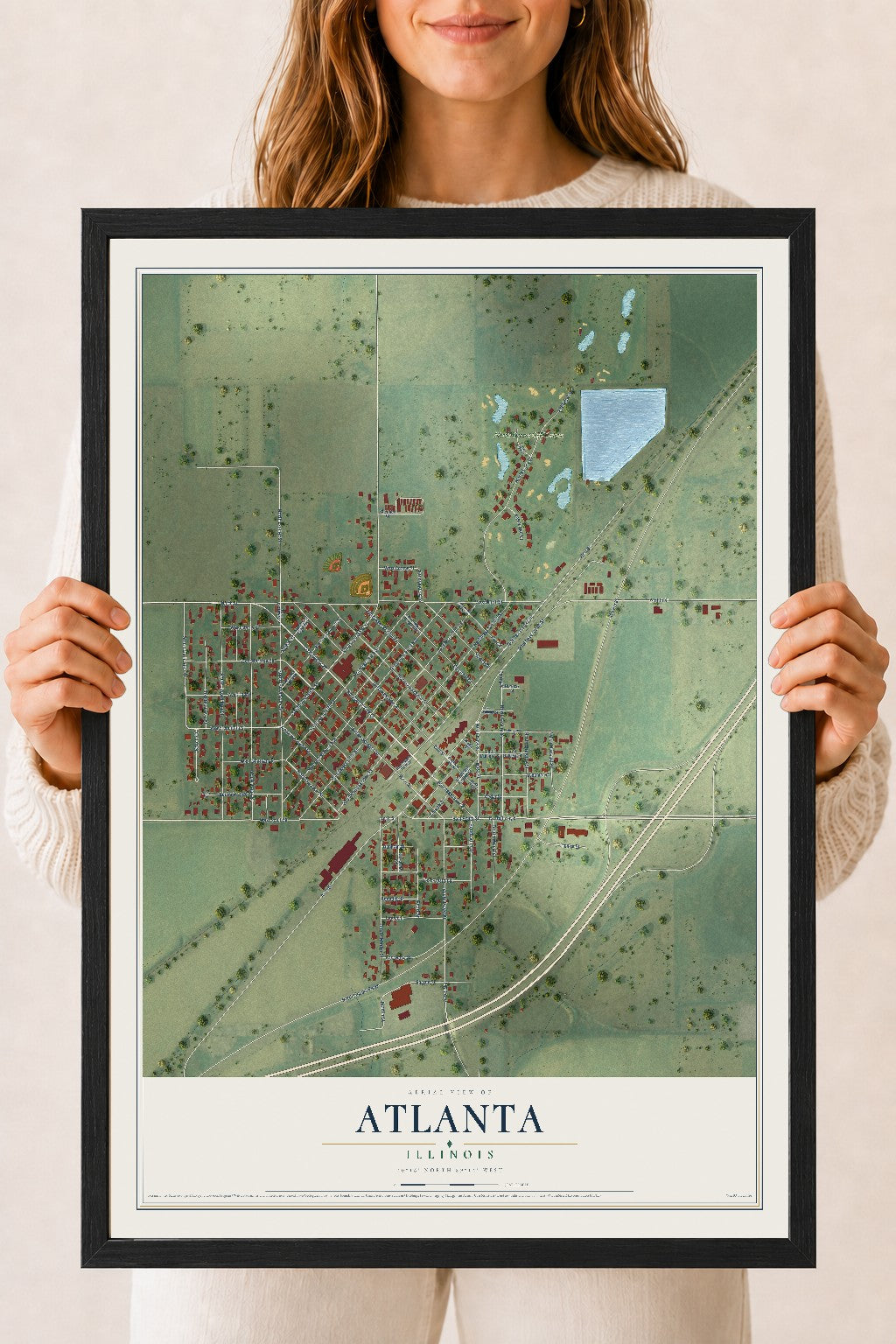Map of Atlanta, Illinois, 18 x 24 inch print in a black wood frame