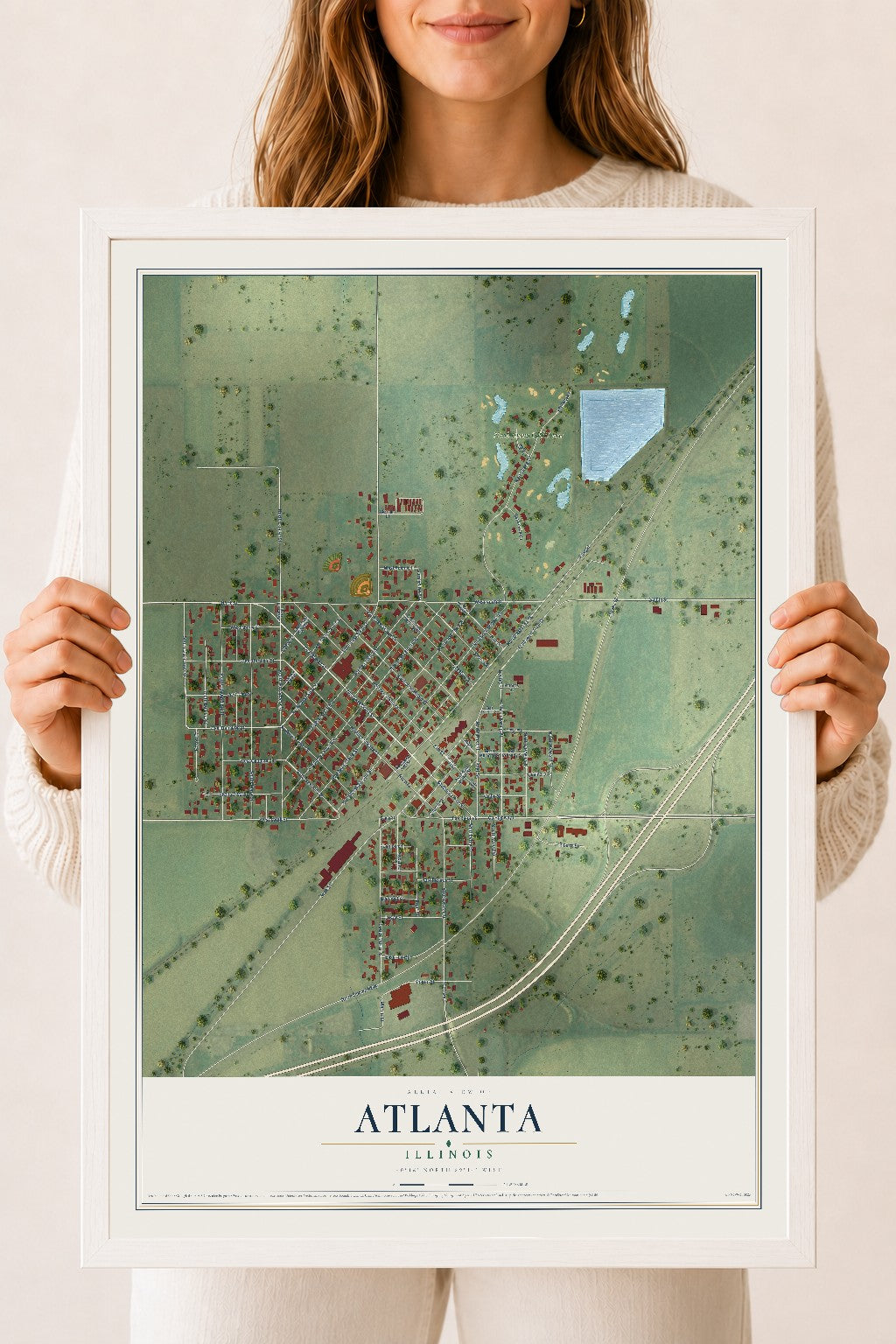 Map of Atlanta, Illinois, 18 x 24 inch print in a white wood frame
