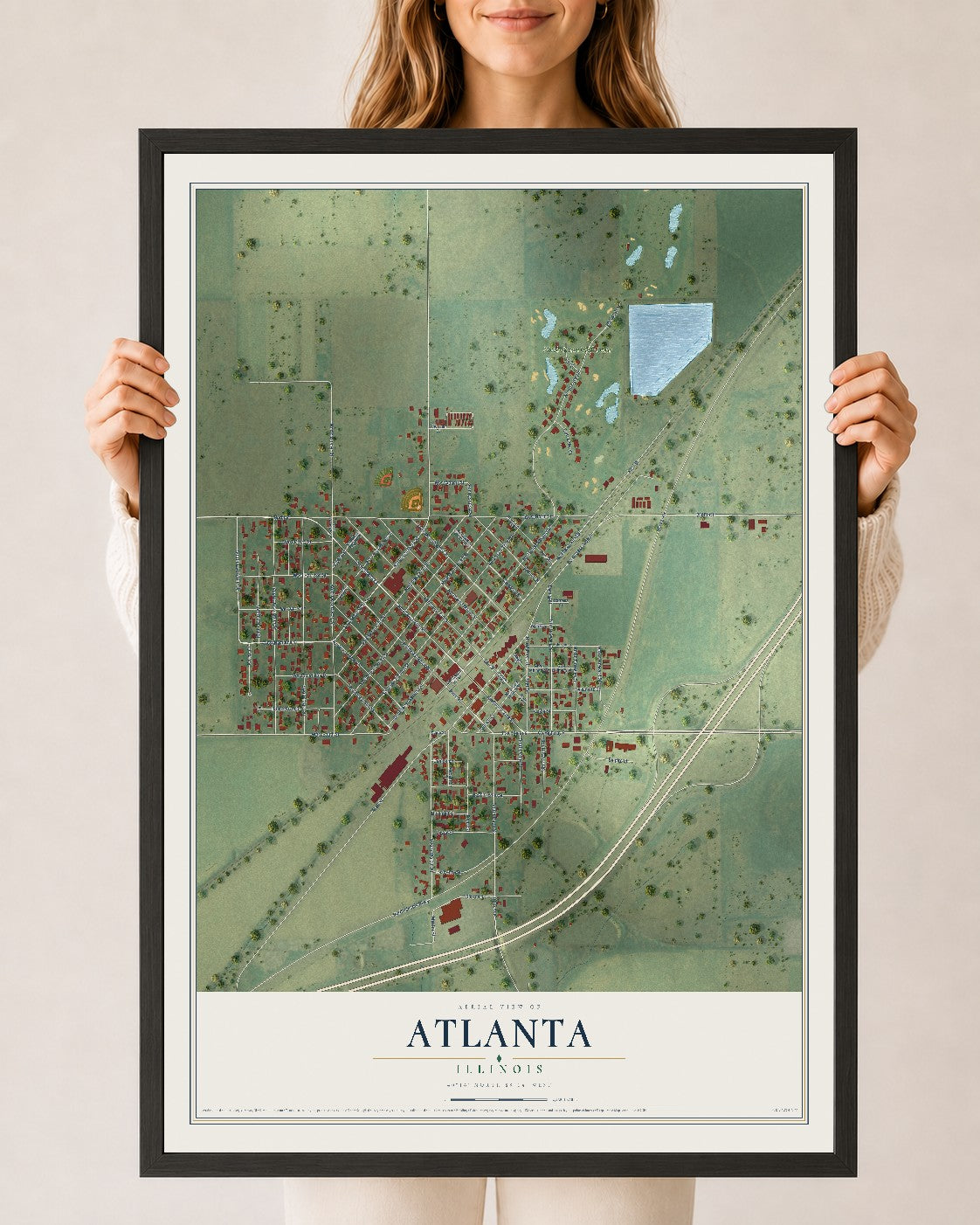 Map of Atlanta, Illinois, 24 x 36 inch print in a black wood frame