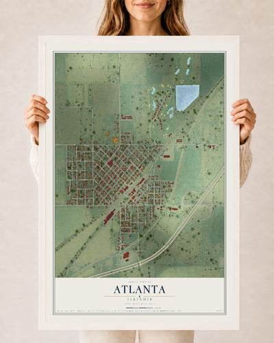 Map of Atlanta, Illinois, 24 x 36 inch print in a white wood frame