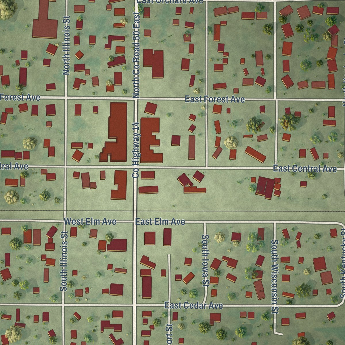 Close-up of the map of Atwood, Illinois print showing street and building detail