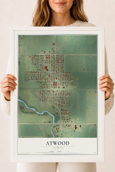 Map of Atwood, Illinois, 18 x 24 inch print in a white wood frame