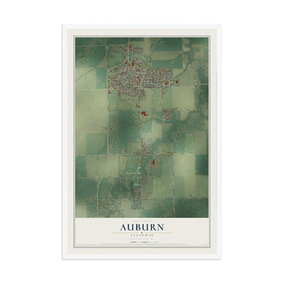 Map of Auburn, Illinois, 12 x 18 inch print in a white wood frame