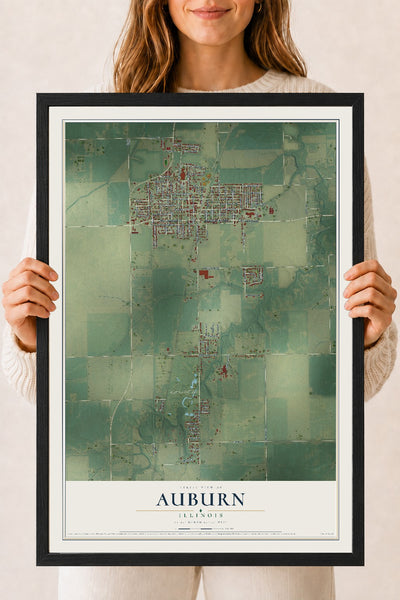 Map of Auburn, Illinois, 18 x 24 inch print in a black wood frame