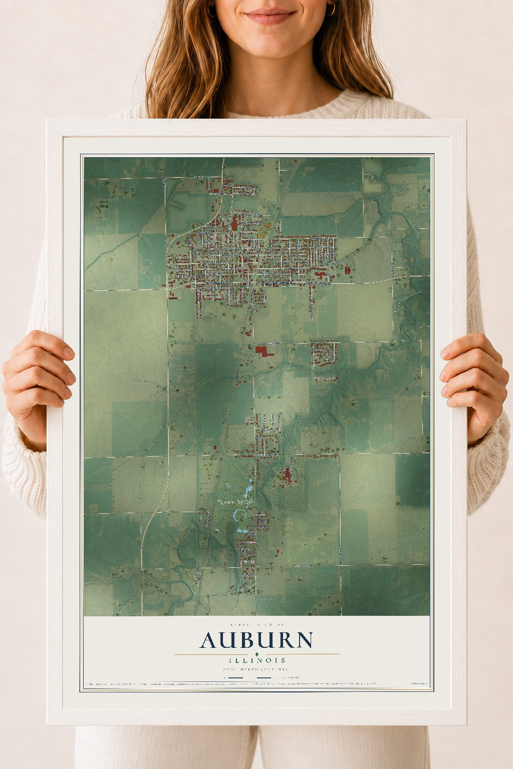 Map of Auburn, Illinois, 18 x 24 inch print in a white wood frame
