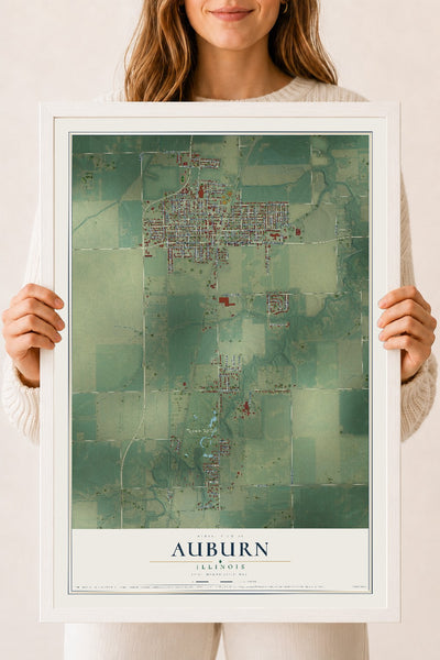 Map of Auburn, Illinois, 18 x 24 inch print in a white wood frame