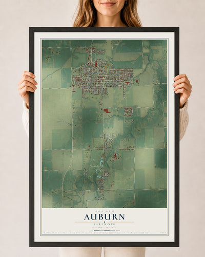 Map of Auburn, Illinois, 24 x 36 inch print in a black wood frame