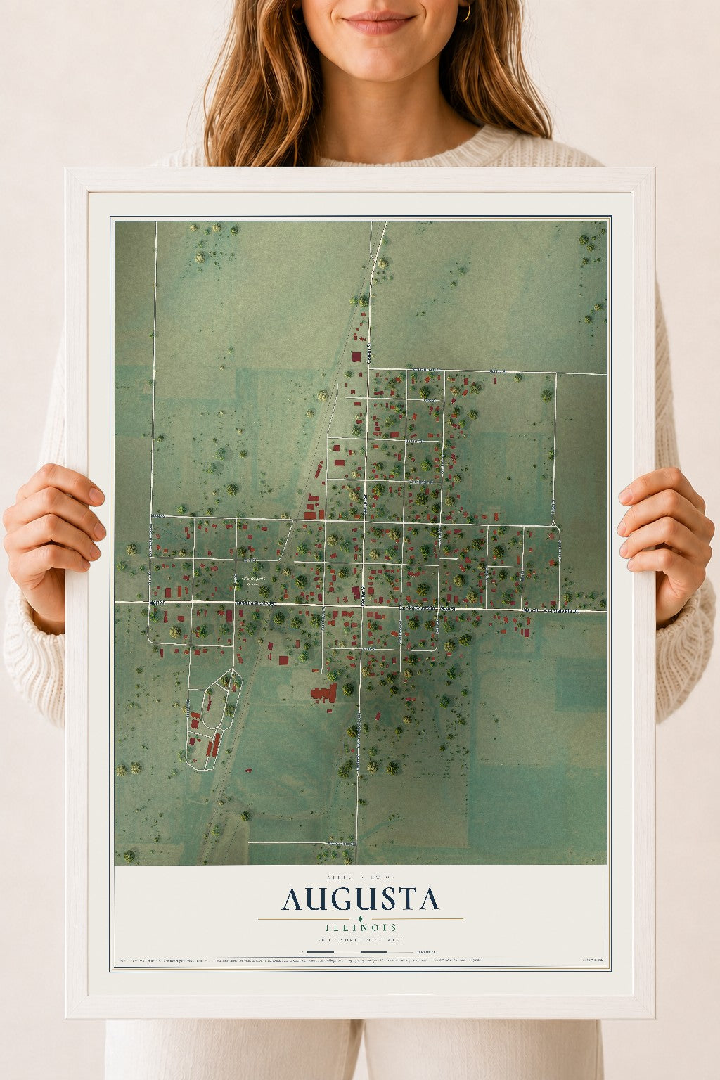 Map of Augusta, Illinois, 18 x 24 inch print in a white wood frame