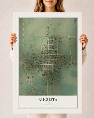 Map of Augusta, Illinois, 24 x 36 inch print in a white wood frame