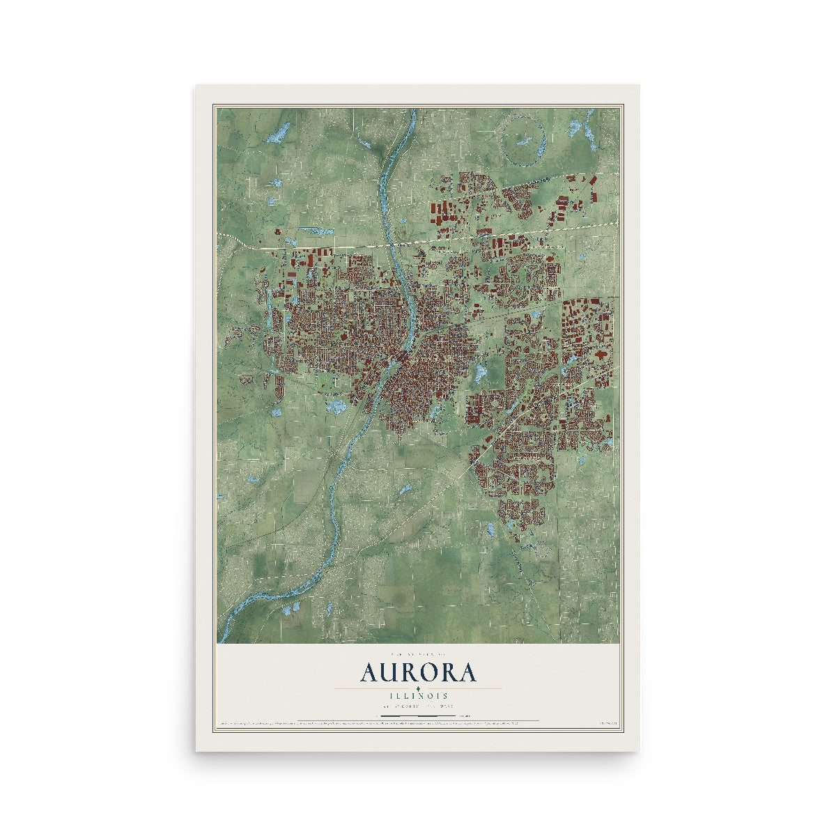 Map of Aurora, Illinois, 12 x 18 inch unframed archival matte print