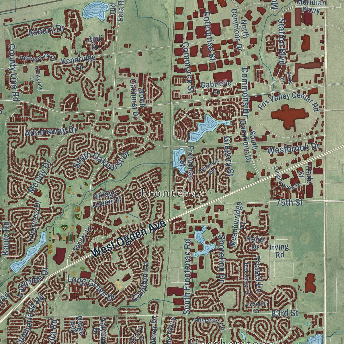 Close-up of the map of Aurora, Illinois print showing street and building detail