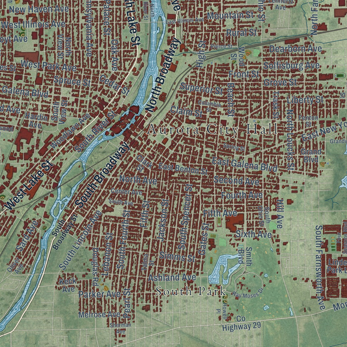 Second close-up of the map of Aurora, Illinois print showing more streets and buildings