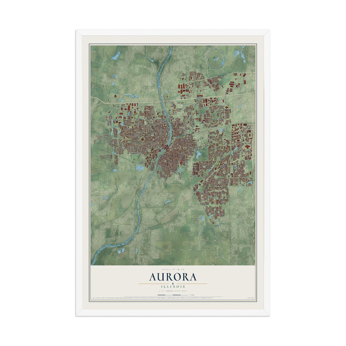 Map of Aurora, Illinois, 12 x 18 inch print in a white wood frame