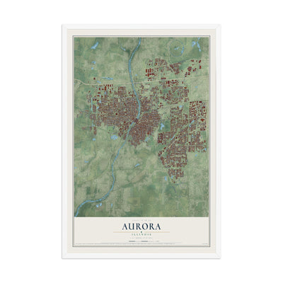 Map of Aurora, Illinois, 12 x 18 inch print in a white wood frame