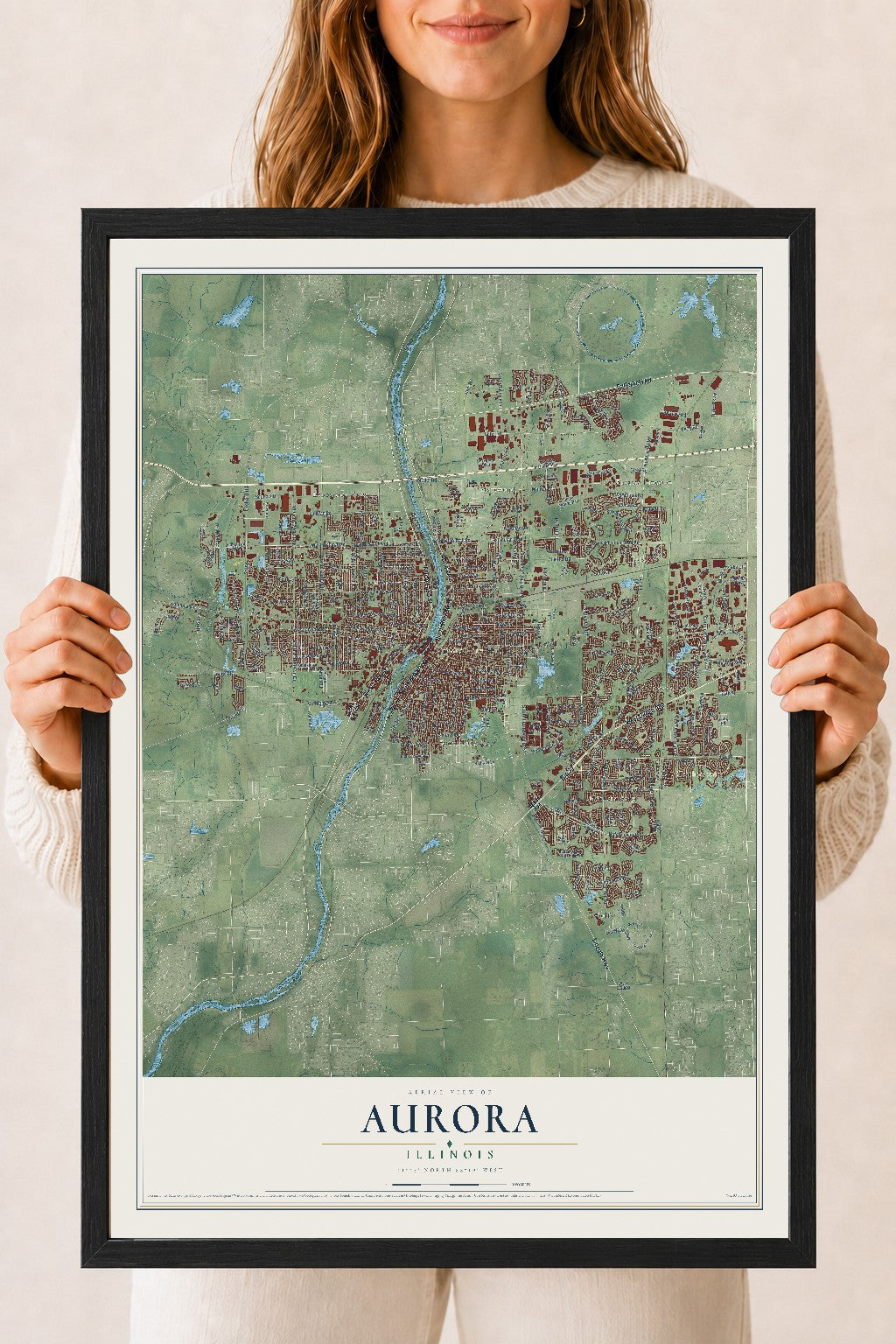 Map of Aurora, Illinois, 18 x 24 inch print in a black wood frame