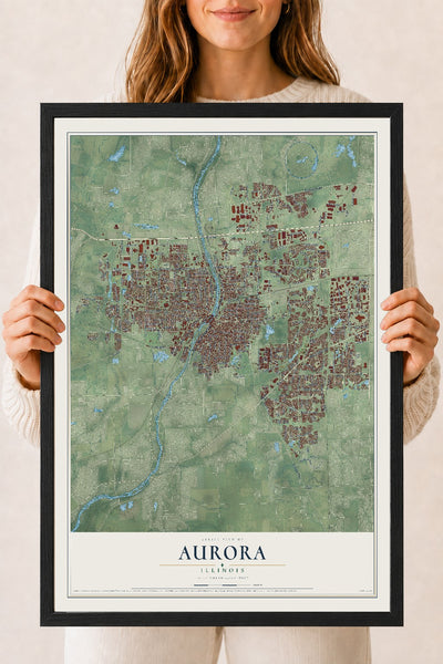 Map of Aurora, Illinois, 18 x 24 inch print in a black wood frame