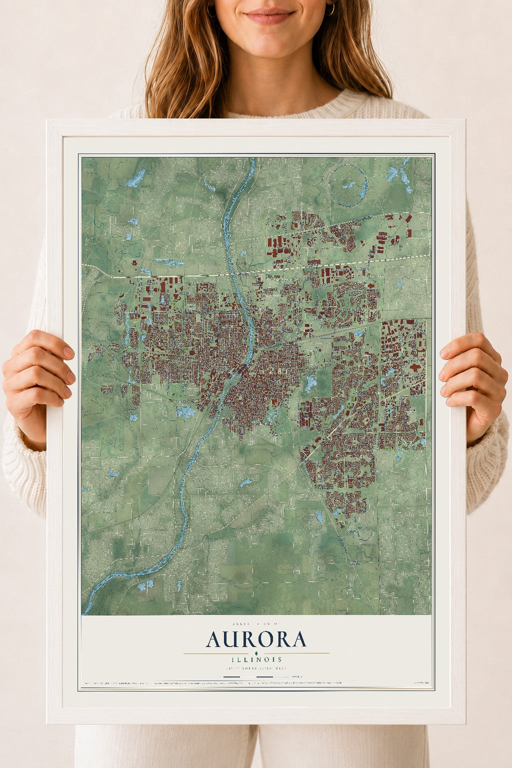 Map of Aurora, Illinois, 18 x 24 inch print in a white wood frame