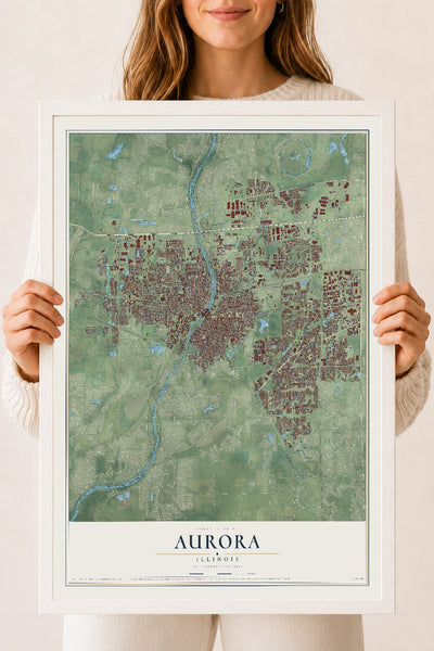 Map of Aurora, Illinois, 18 x 24 inch print in a white wood frame