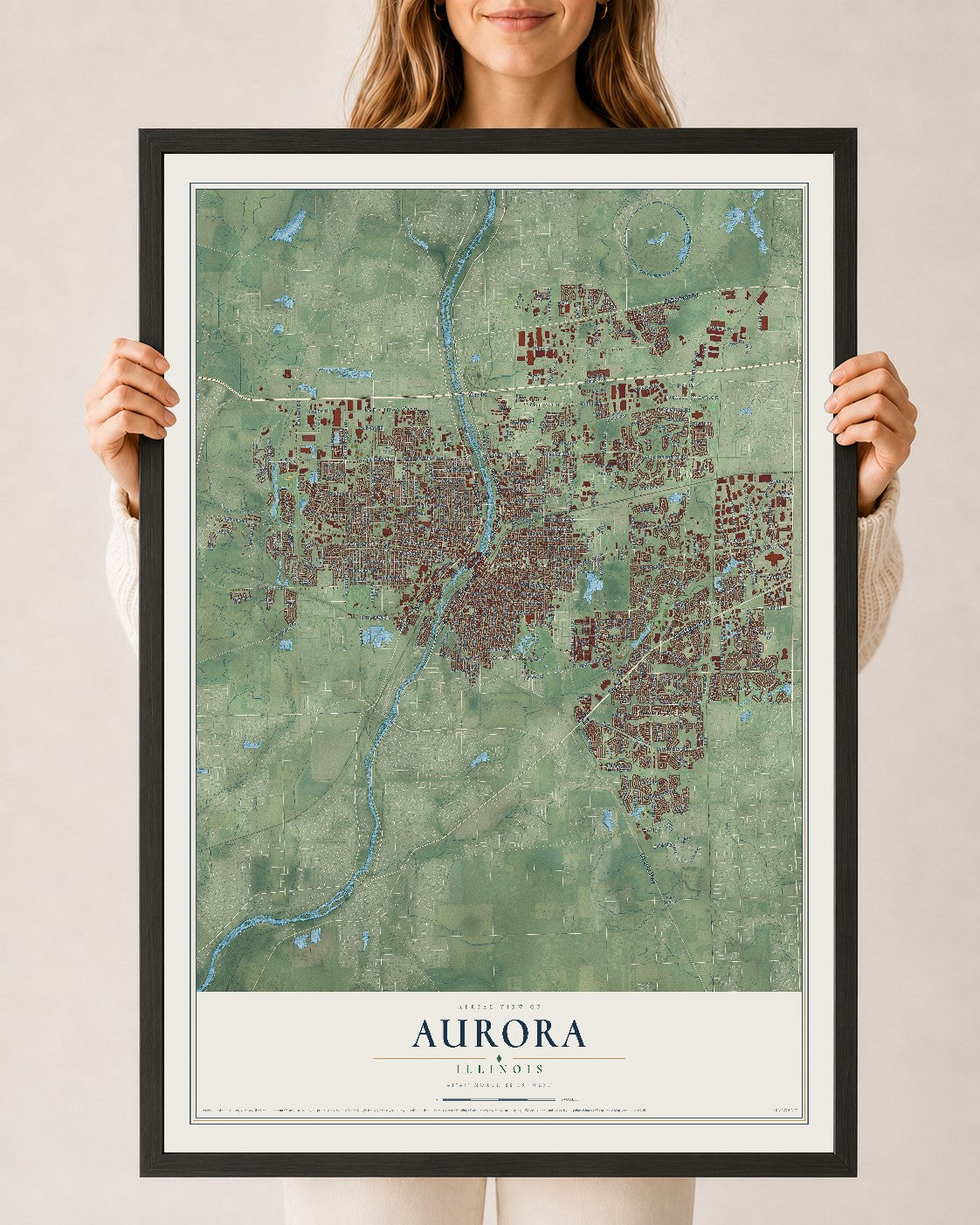 Map of Aurora, Illinois, 24 x 36 inch print in a black wood frame