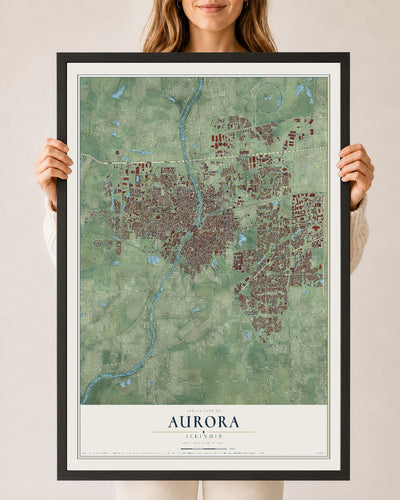 Map of Aurora, Illinois, 24 x 36 inch print in a black wood frame