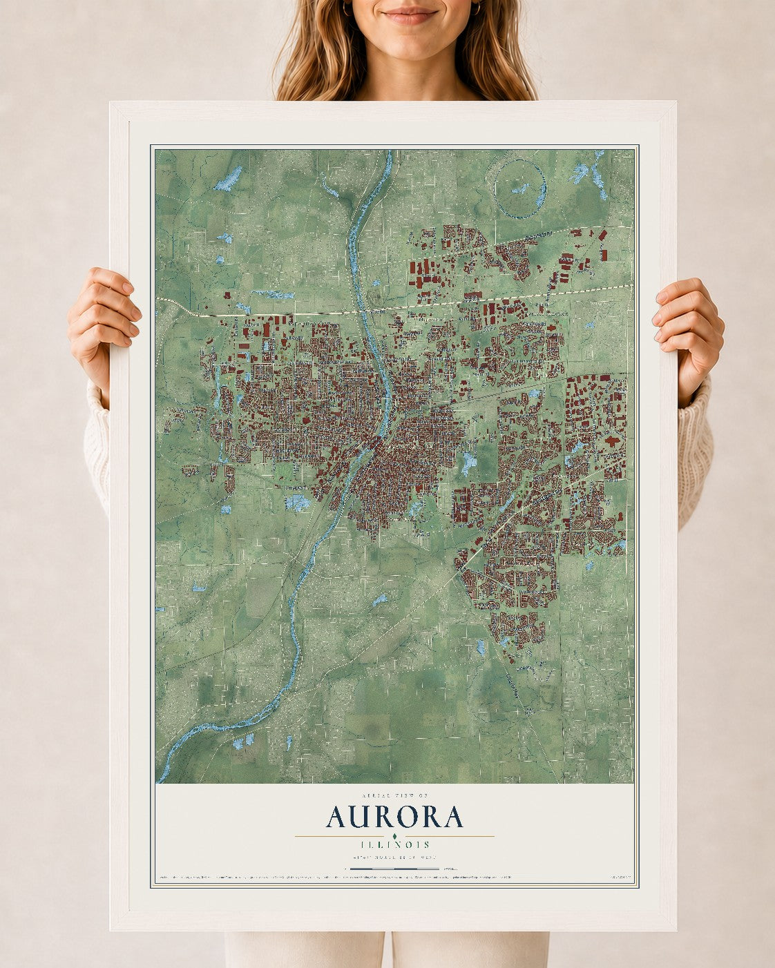 Map of Aurora, Illinois, 24 x 36 inch print in a white wood frame