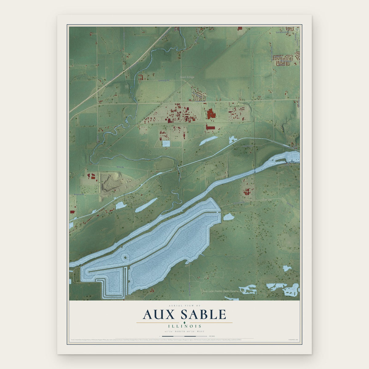 Aux Sable, Illinois map print, the full design