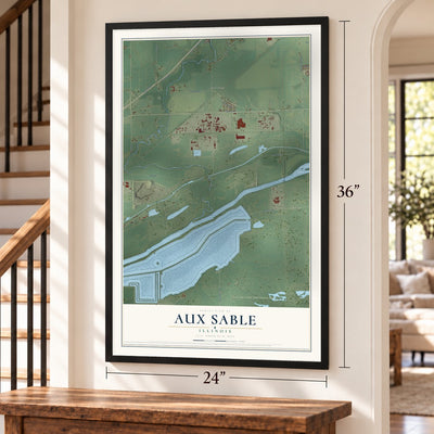 Aux Sable, Illinois map, 24 x 36 inch print in a black frame by a staircase