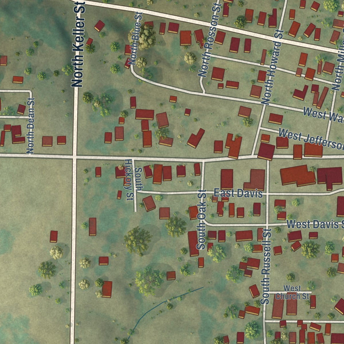 Close-up of the map of Ava, Illinois print showing street and building detail