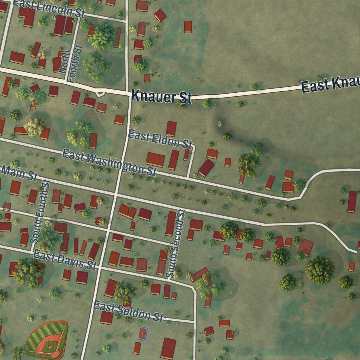 Second close-up of the map of Ava, Illinois print showing more streets and buildings