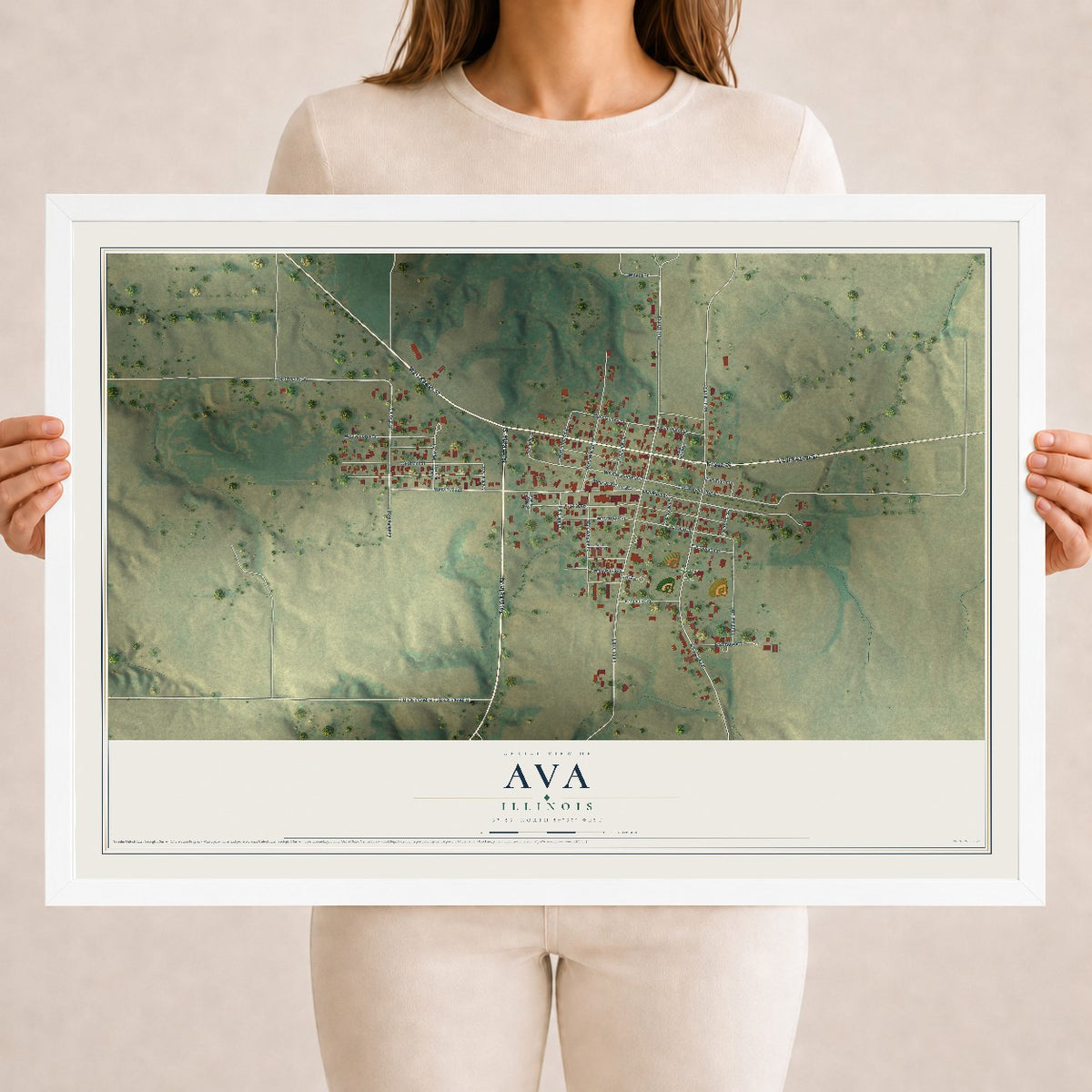 Map of Ava, Illinois, 18 x 24 inch print in a white wood frame