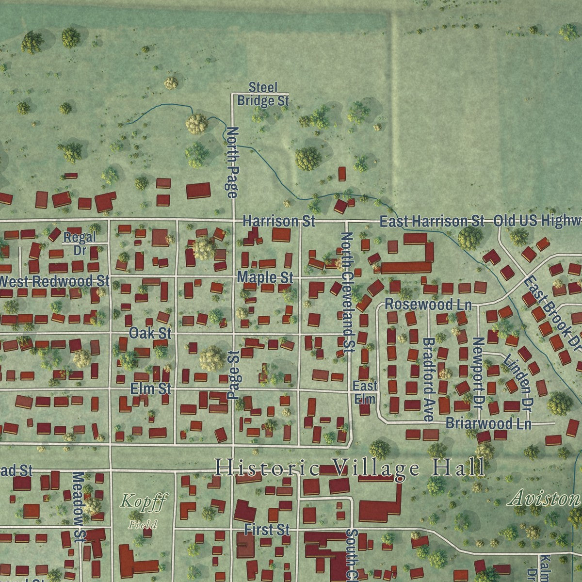 Close-up of the map of Aviston, Illinois print showing street and building detail