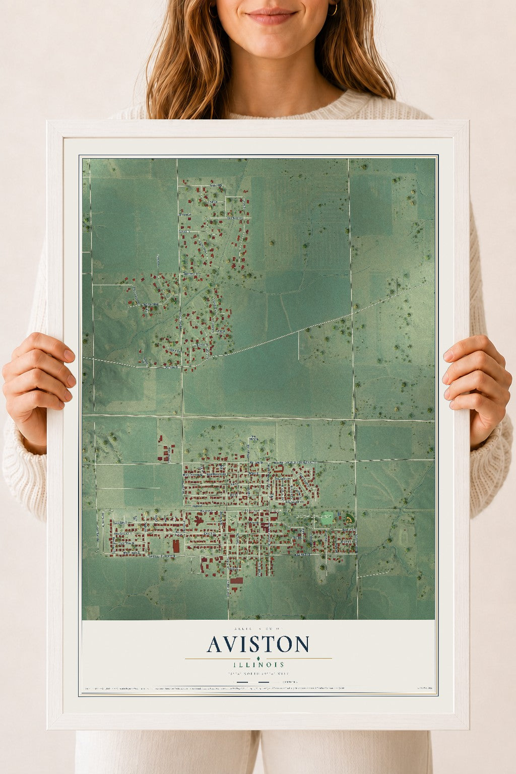 Map of Aviston, Illinois, 18 x 24 inch print in a white wood frame