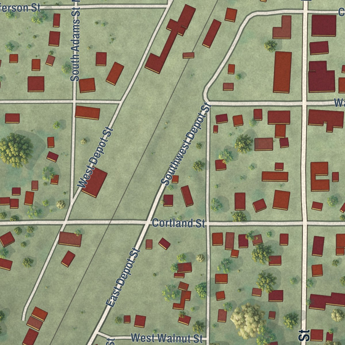 Close-up of the map of Avon, Illinois print showing street and building detail
