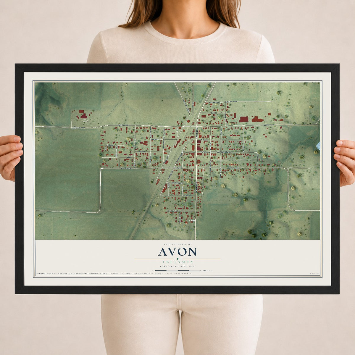 Map of Avon, Illinois, 18 x 24 inch print in a black wood frame