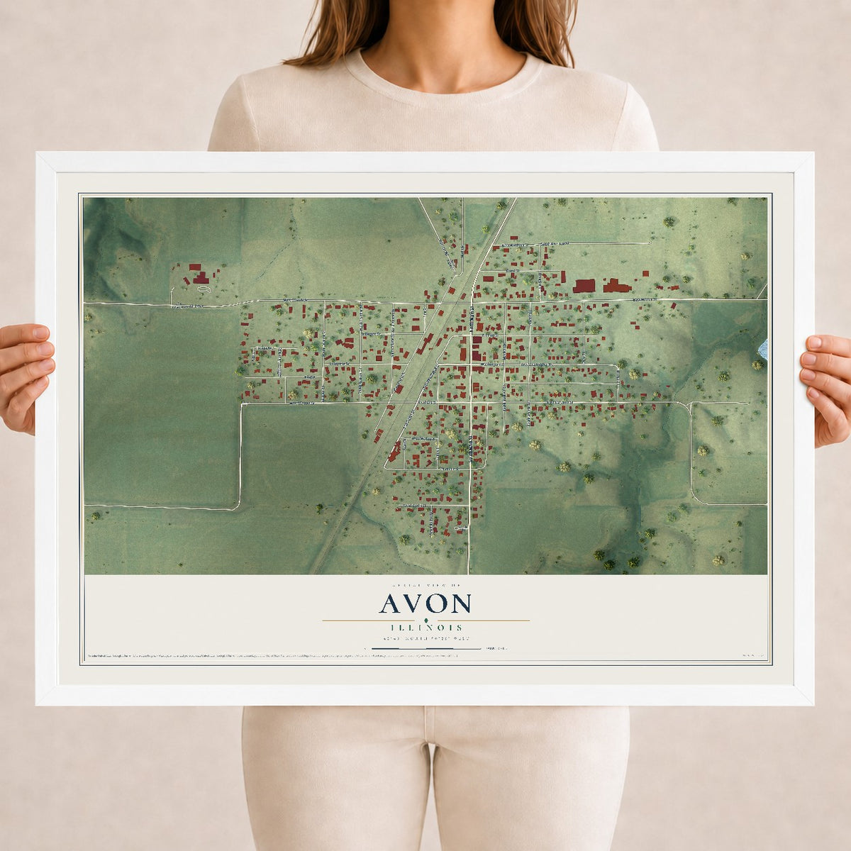 Map of Avon, Illinois, 18 x 24 inch print in a white wood frame