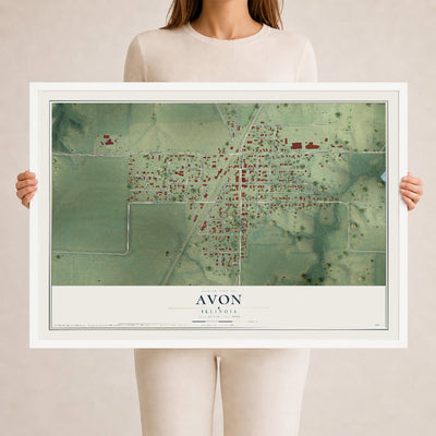 Map of Avon, Illinois, 24 x 36 inch print in a white wood frame