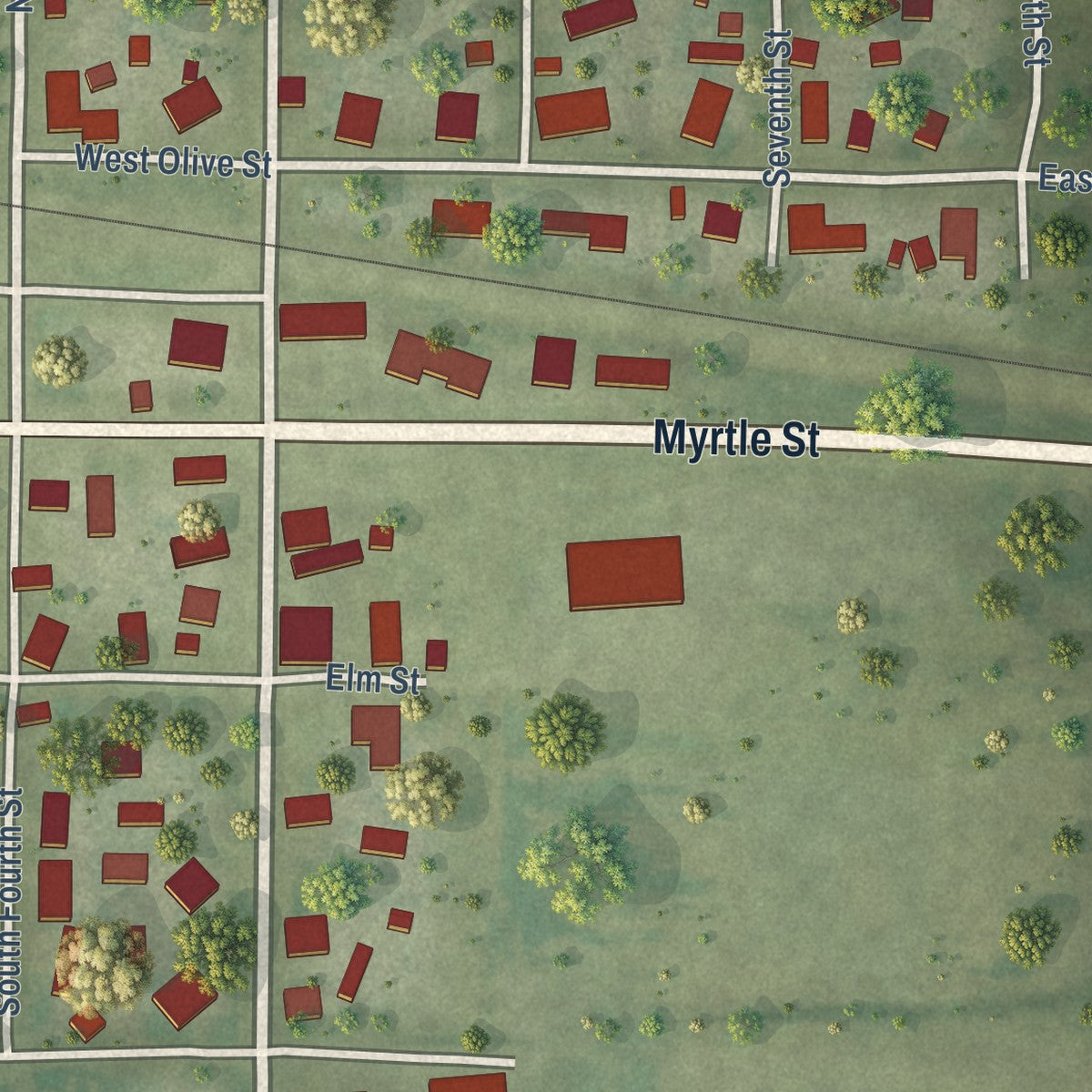 Close-up of the map of Baldwin, Illinois print showing street and building detail