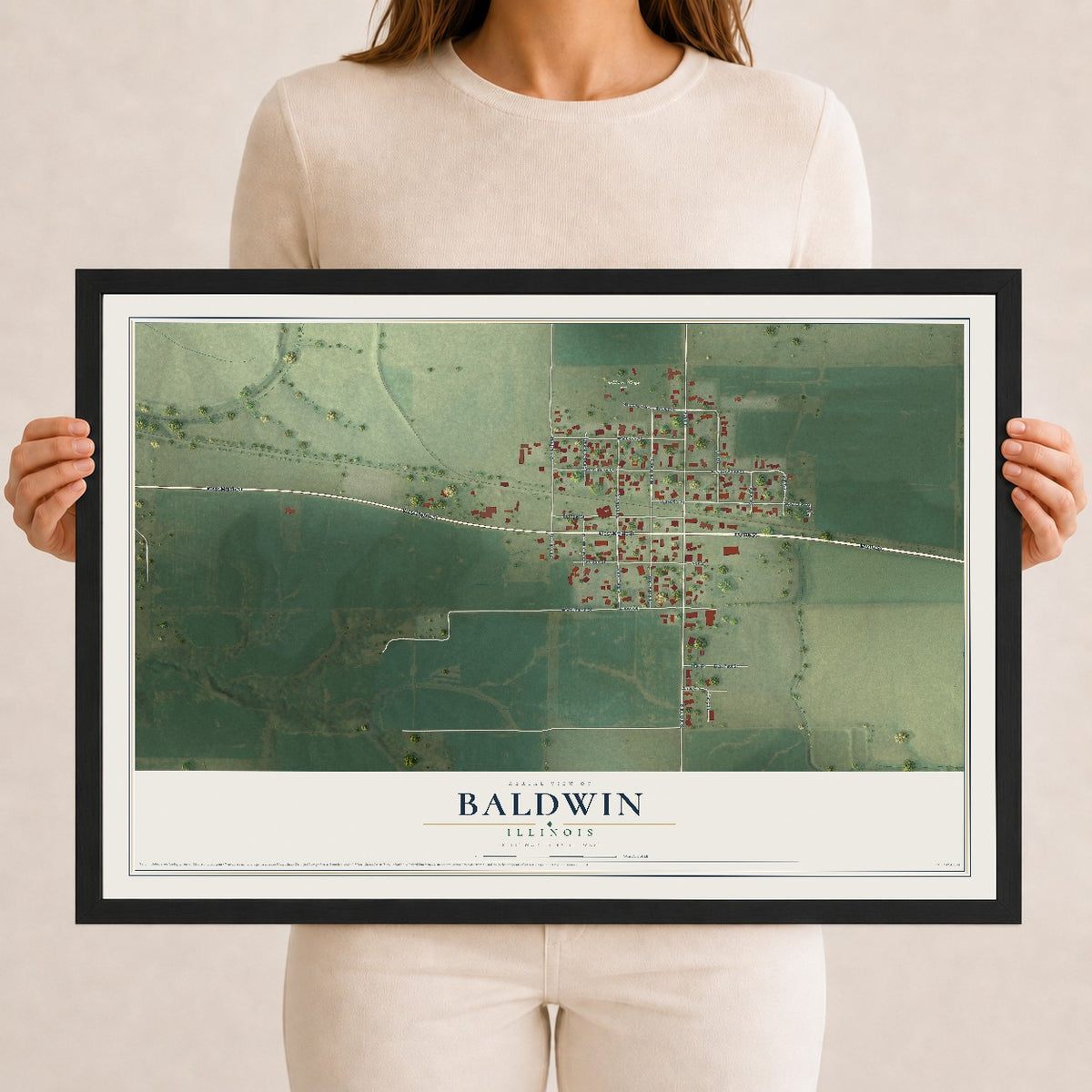Map of Baldwin, Illinois, 12 x 18 inch print in a black wood frame