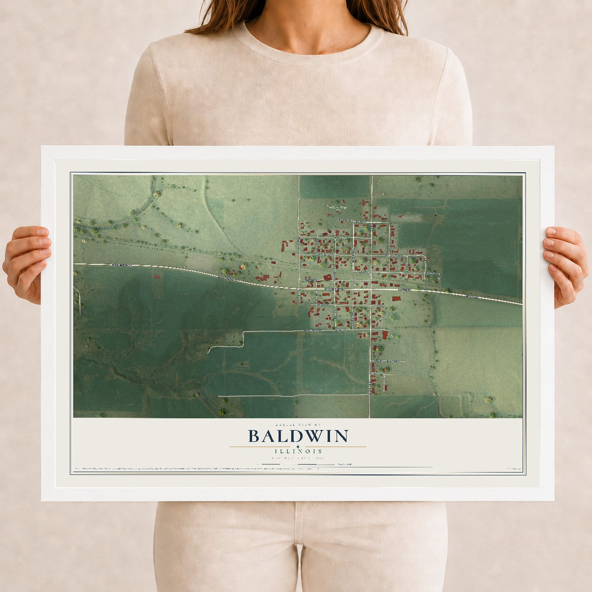 Map of Baldwin, Illinois, 12 x 18 inch print in a white wood frame