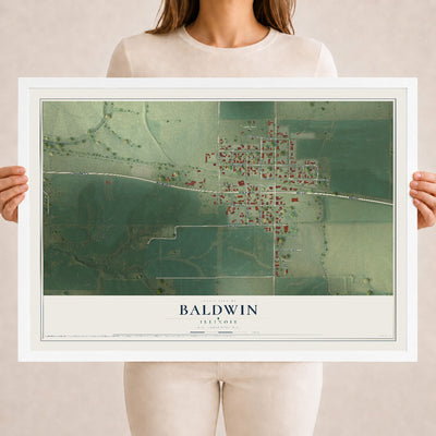 Map of Baldwin, Illinois, 18 x 24 inch print in a white wood frame