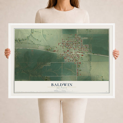 Map of Baldwin, Illinois, 24 x 36 inch print in a white wood frame
