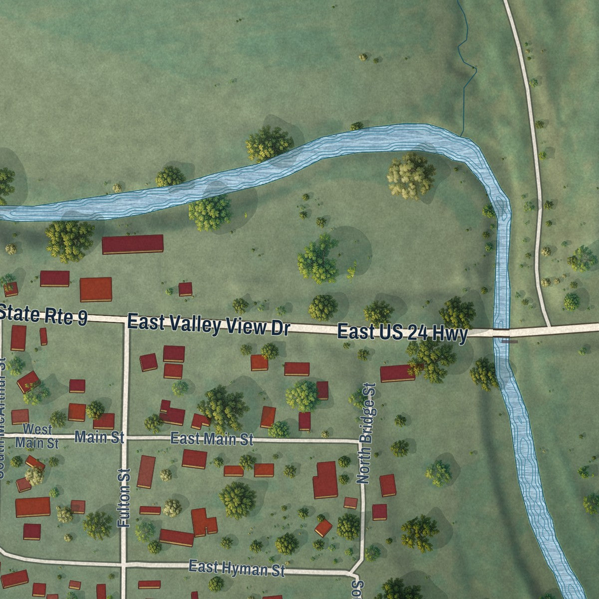 Close-up of the map of Banner, Illinois print showing street and building detail