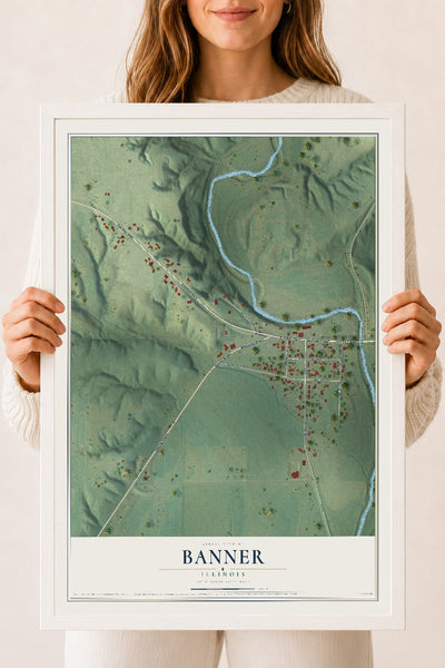 Map of Banner, Illinois, 18 x 24 inch print in a white wood frame