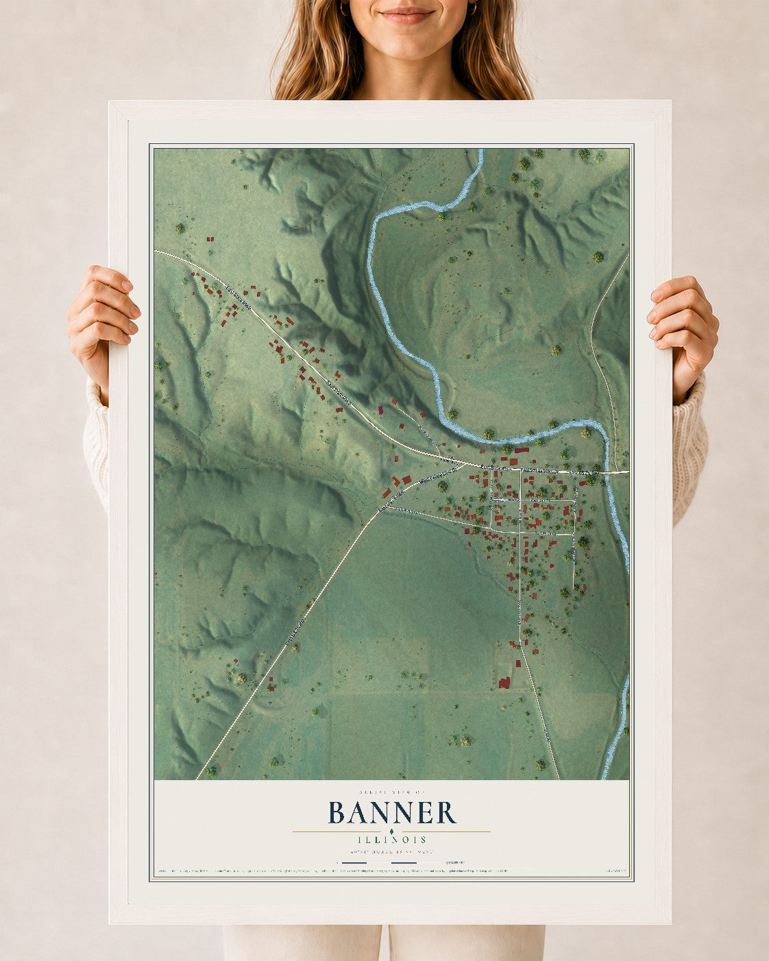 Map of Banner, Illinois, 24 x 36 inch print in a white wood frame